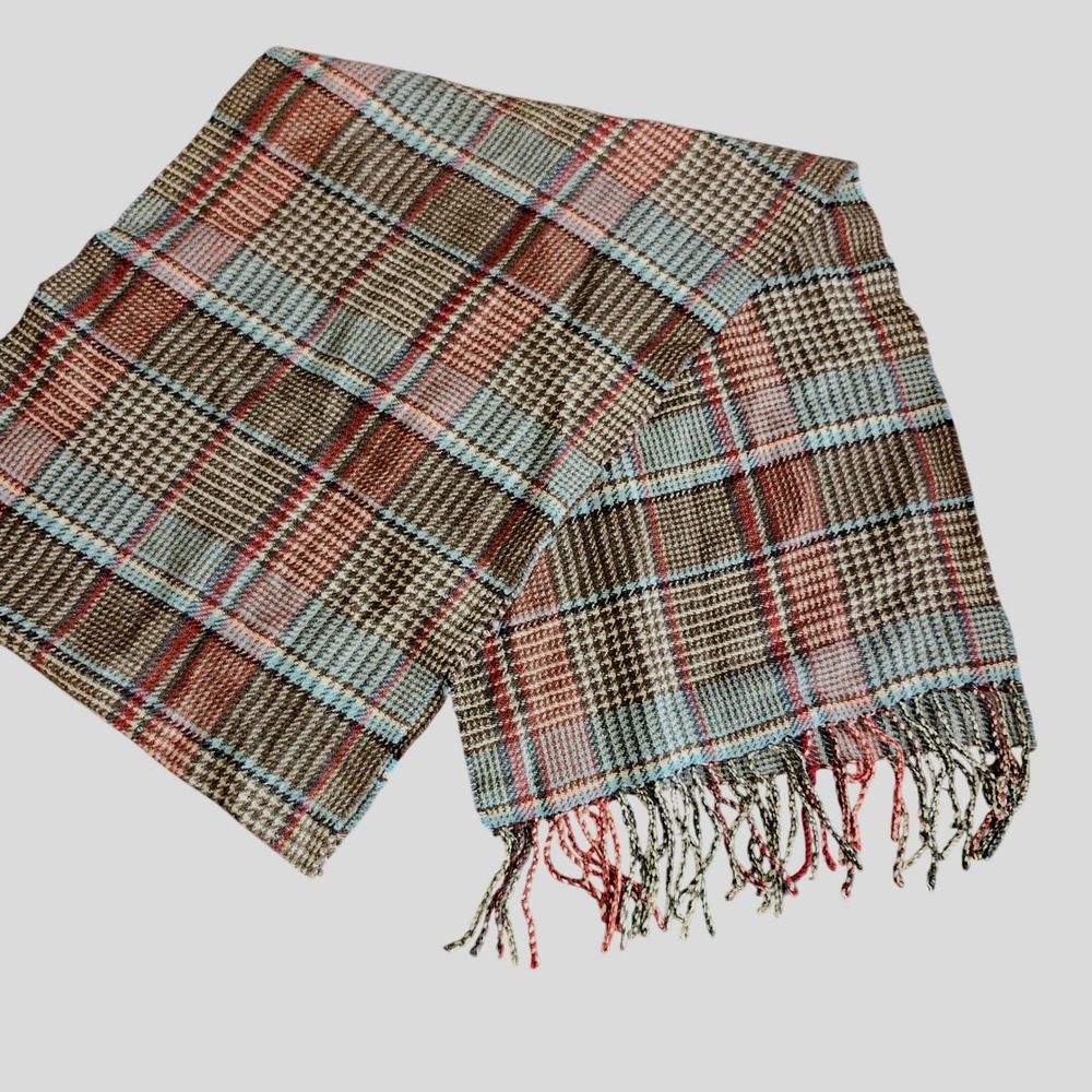 Eddie Bauer Scarf Unisex OS Brown Plaid 100% Wool Fringe Trim Winter Wrap